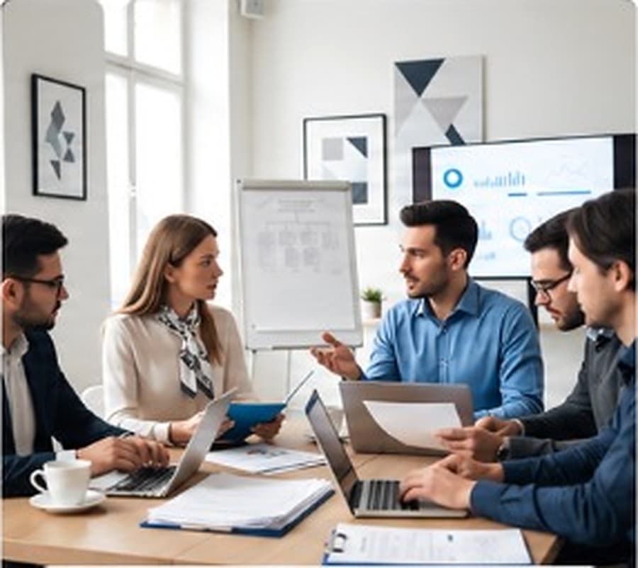 Service business team coordinating schedules around a meeting table